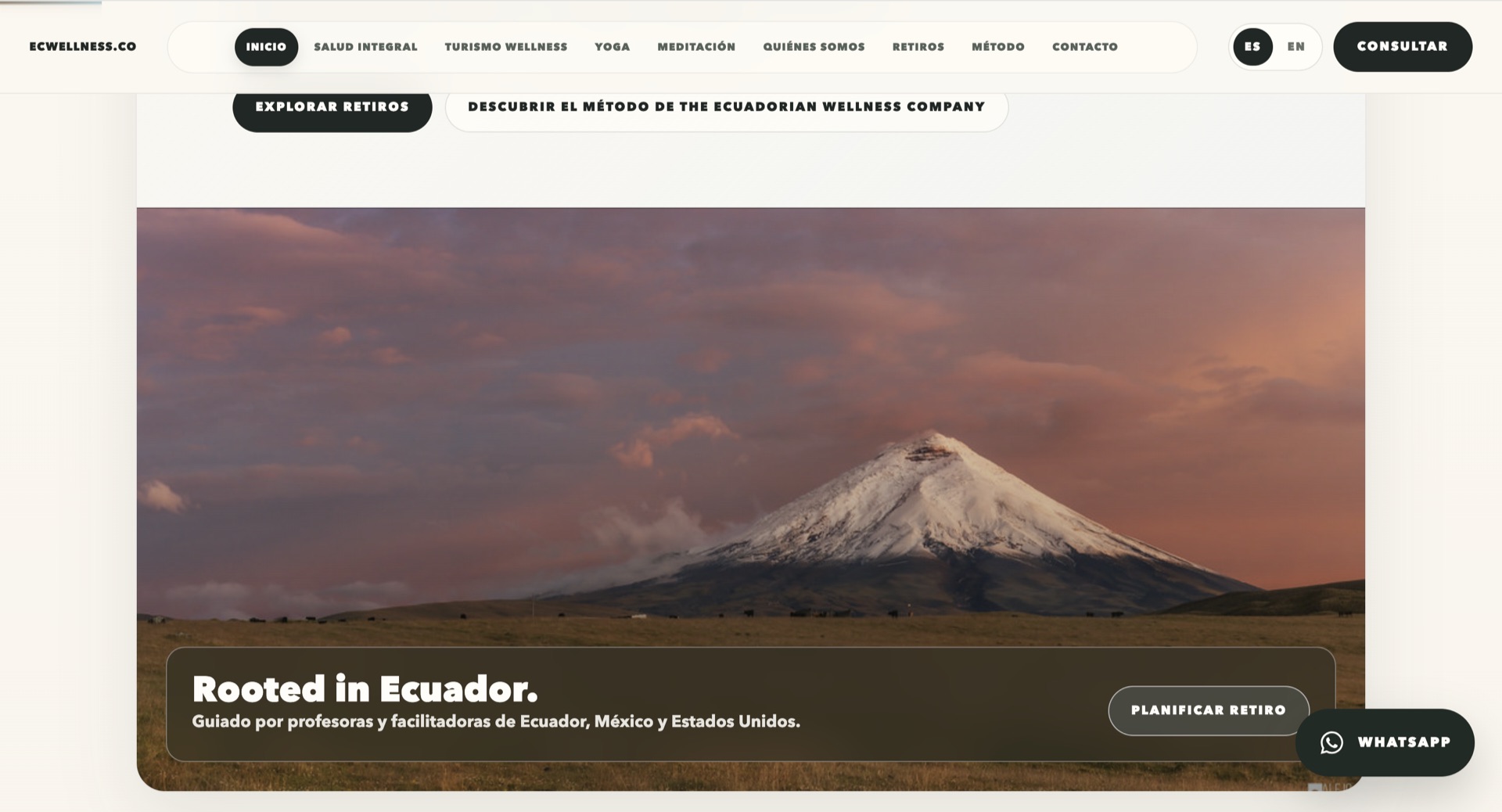 Hero de The Ecuadorian Wellness Company con el Cotopaxi