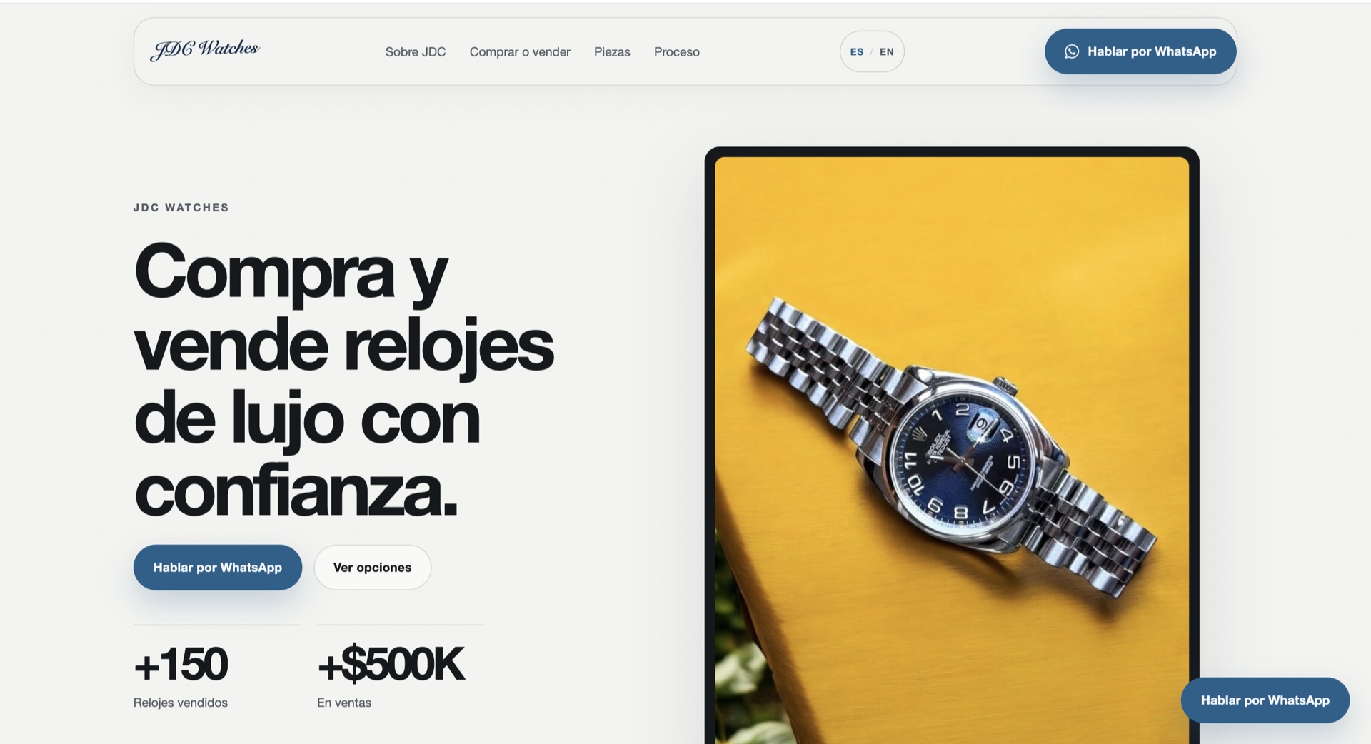 Hero de JDC Watches con un reloj sobre fondo amarillo